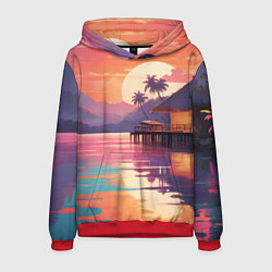 Толстовка-худи мужская Летний домик пальмы закат, цвет: 3D-красный