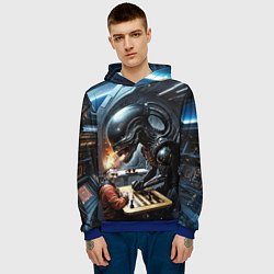 Толстовка-худи мужская Шахматы: Гагарин vs Чужой, цвет: 3D-синий — фото 2