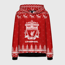 Толстовка-худи мужская Новогодний Liverpool с оленями, цвет: 3D-черный