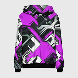 Толстовка-худи мужская Бело-фиолетовый техно паттерн на чёрном фоне, цвет: 3D-черный