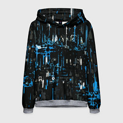 Толстовка-худи мужская Бело-синяя тревожная абстракция на чёрном фоне, цвет: 3D-меланж