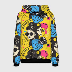 Толстовка-худи мужская Яркий паттерн с лицами девушек, цвет: 3D-черный