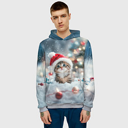 Толстовка-худи мужская Маленький котенок и елочные игрушки, цвет: 3D-меланж — фото 2