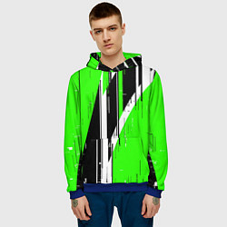 Толстовка-худи мужская Чёрно-белые вертикальные полосы на зелёном фоне, цвет: 3D-синий — фото 2