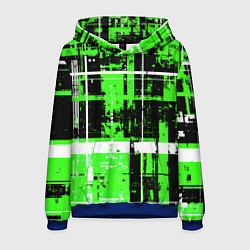 Толстовка-худи мужская Зелёно-белый гранж на чёрном фоне, цвет: 3D-синий