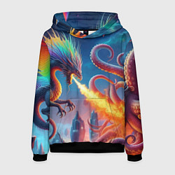 Толстовка-худи мужская Огнедышащий дракон против осьминога - нейроарт фан, цвет: 3D-черный
