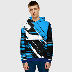 Толстовка-худи мужская Diagonal black and white stripes on a blue backgro, цвет: 3D-синий — фото 2