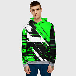 Толстовка-худи мужская Diagonal black and white stripes on a green backgr, цвет: 3D-меланж — фото 2