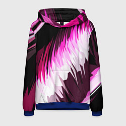 Толстовка-худи мужская Бело-розовые острые полосы на чёрном фоне, цвет: 3D-синий