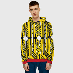 Толстовка-худи мужская Чёрно-жёлтые техно полосы на белом фоне, цвет: 3D-красный — фото 2