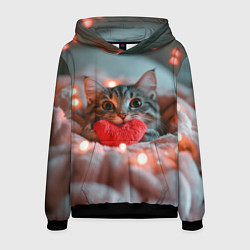Толстовка-худи мужская Котик с сердечком, цвет: 3D-черный