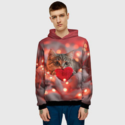Толстовка-худи мужская Кошечка с сердечком и с гирляндой, цвет: 3D-черный — фото 2