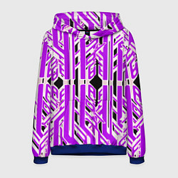 Толстовка-худи мужская Бело-фиолетовые техно полосы на чёрном фоне, цвет: 3D-синий