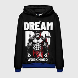 Толстовка-худи мужская Dream big - work hard monkey, цвет: 3D-синий