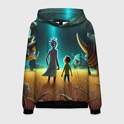 Толстовка-худи мужская Морти и Рик на планете носорогов - неоновое свечен, цвет: 3D-черный