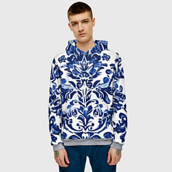 Толстовка-худи мужская Гжель русский узор акварель, цвет: 3D-меланж — фото 2