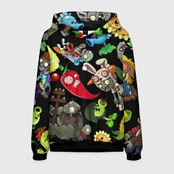 Толстовка-худи мужская Растения против зомби персонажи на черном, цвет: 3D-черный