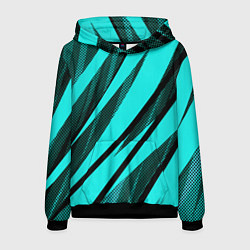 Толстовка-худи мужская Неоновый голубой с чёрным абстракция с полосами, цвет: 3D-черный