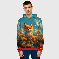 Толстовка-худи мужская Лисица в цветочном поле, цвет: 3D-красный — фото 2