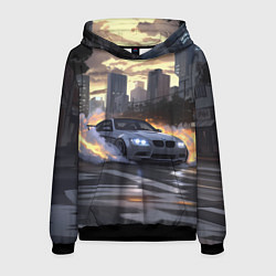 Толстовка-худи мужская БМВ в вечернем городе, цвет: 3D-черный