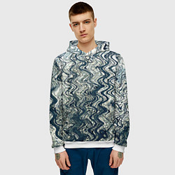 Толстовка-худи мужская Бело-синий искажённые абстрактные линии, цвет: 3D-белый — фото 2