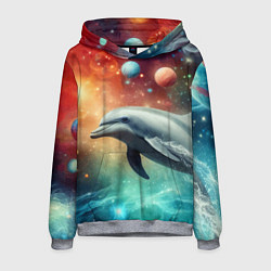 Толстовка-худи мужская Галактический дельфин - неоновый космос, цвет: 3D-меланж