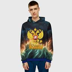 Толстовка-худи мужская Герб России зеленое пламя, цвет: 3D-синий — фото 2