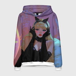 Толстовка-худи мужская Девушка - черная кошка, цвет: 3D-белый