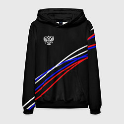 Толстовка-худи мужская Герб и полосы цветов флага на чёрном, цвет: 3D-черный