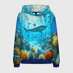 Толстовка-худи мужская Белая акула в коралловом рифе, цвет: 3D-синий