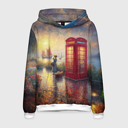 Толстовка-худи мужская Женщина у телефонной будки на набережной, цвет: 3D-белый