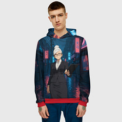 Толстовка-худи мужская Dandadan Seiko в городе с планшетом, цвет: 3D-красный — фото 2