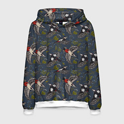 Толстовка-худи мужская Дятлы и цветы, цвет: 3D-белый