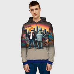 Толстовка-худи мужская Фрай и Бендер на фоне стены с граффити, цвет: 3D-синий — фото 2
