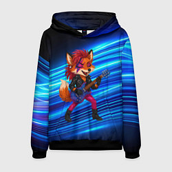 Толстовка-худи мужская Лиса в косухе и гитарой - рок звезда, цвет: 3D-черный