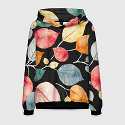 Толстовка-худи мужская Разноцветные акварельные листья на чёрном, AI, цвет: 3D-черный