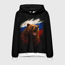 Толстовка-худи мужская Медведь на фоне триколора, цвет: 3D-белый