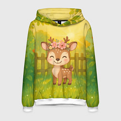Толстовка-худи мужская Милый олененок на зеленом дворе, цвет: 3D-белый