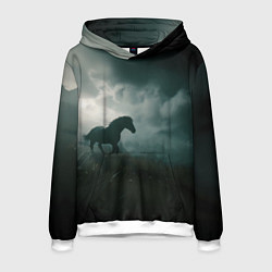 Толстовка-худи мужская Лошадь в поле - буря, цвет: 3D-белый