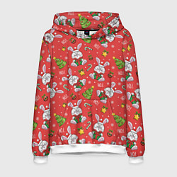 Толстовка-худи мужская Новогодний паттерн с зайчиком, цвет: 3D-белый