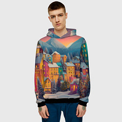 Толстовка-худи мужская Новогодний город в горах, цвет: 3D-черный — фото 2