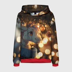 Толстовка-худи мужская Лошадка под новогодней елкой, цвет: 3D-красный