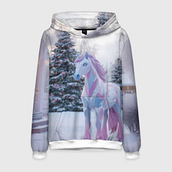 Толстовка-худи мужская Геометрическая новогодняя лошадка, цвет: 3D-белый