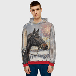 Толстовка-худи мужская Конь на фоне салюта, цвет: 3D-красный — фото 2
