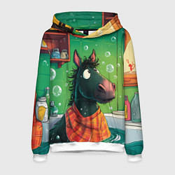 Толстовка-худи мужская Лошадь моется в ванной, цвет: 3D-белый