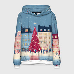 Толстовка-худи мужская Новогоднее гуляние у красной елки, цвет: 3D-белый