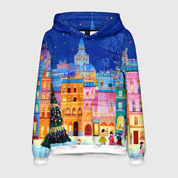 Толстовка-худи мужская Разноцветные новогодние домики, цвет: 3D-белый