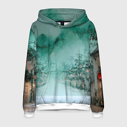 Толстовка-худи мужская Новогодняя туманная улица, цвет: 3D-белый