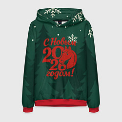 Толстовка-худи мужская С новым 2026 годом - красная надпись, цвет: 3D-красный