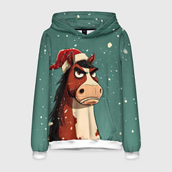 Толстовка-худи мужская Новогодняя лошадь на фоне снегопада, цвет: 3D-белый
